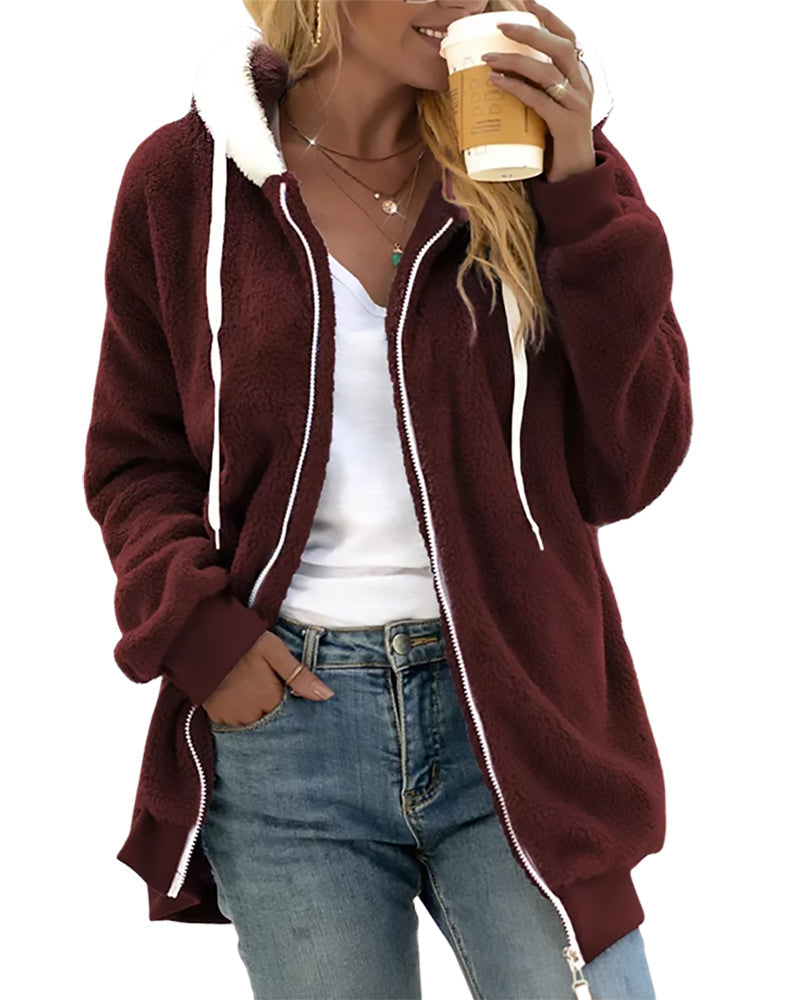 Women's grey fleece zip hoodie with ribbed trim, cozy hood, and clean zip front closure