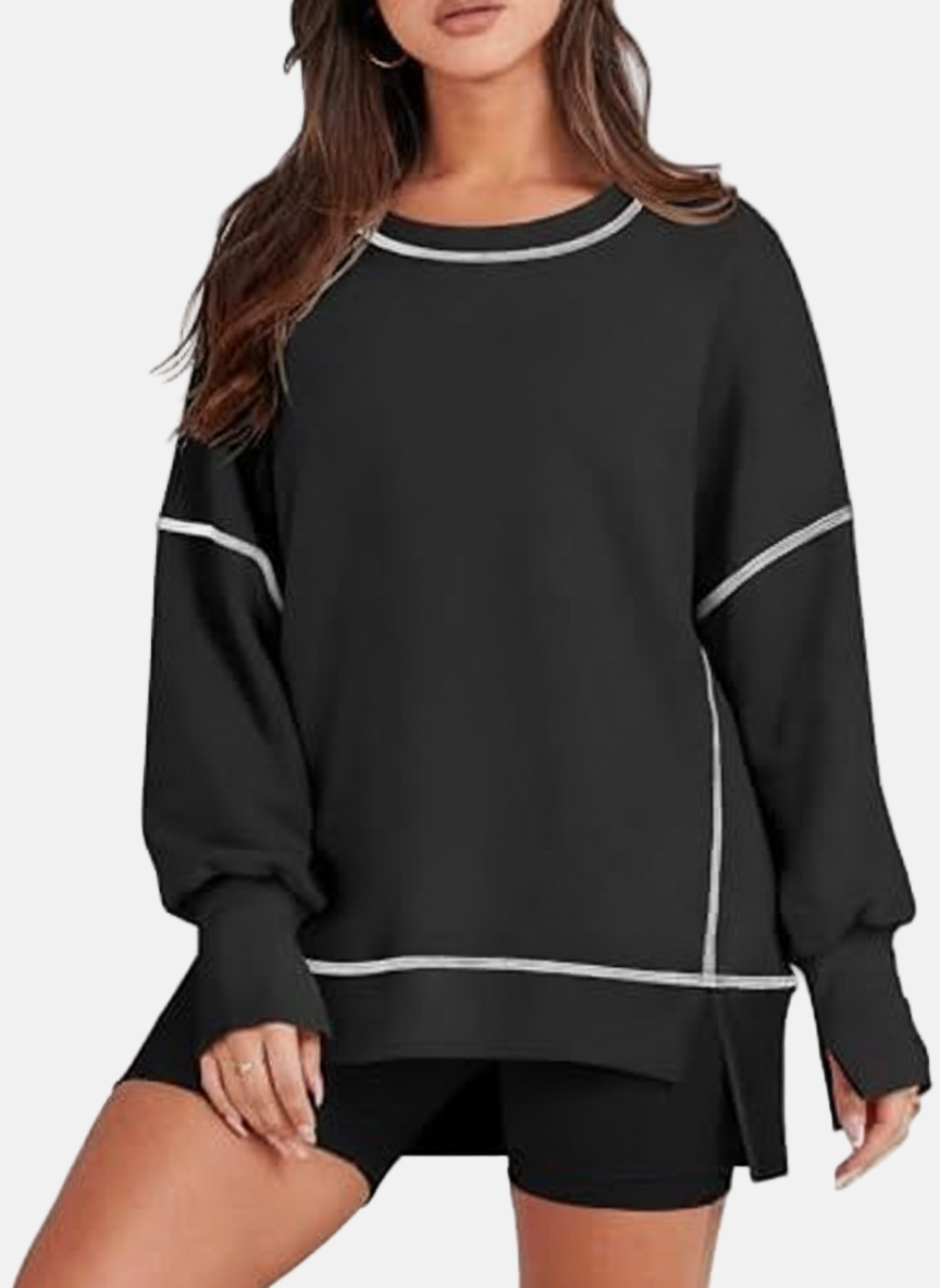 Women's oversized casual pullover sweatshirt relaxed fit with side slit hem for effortless layering