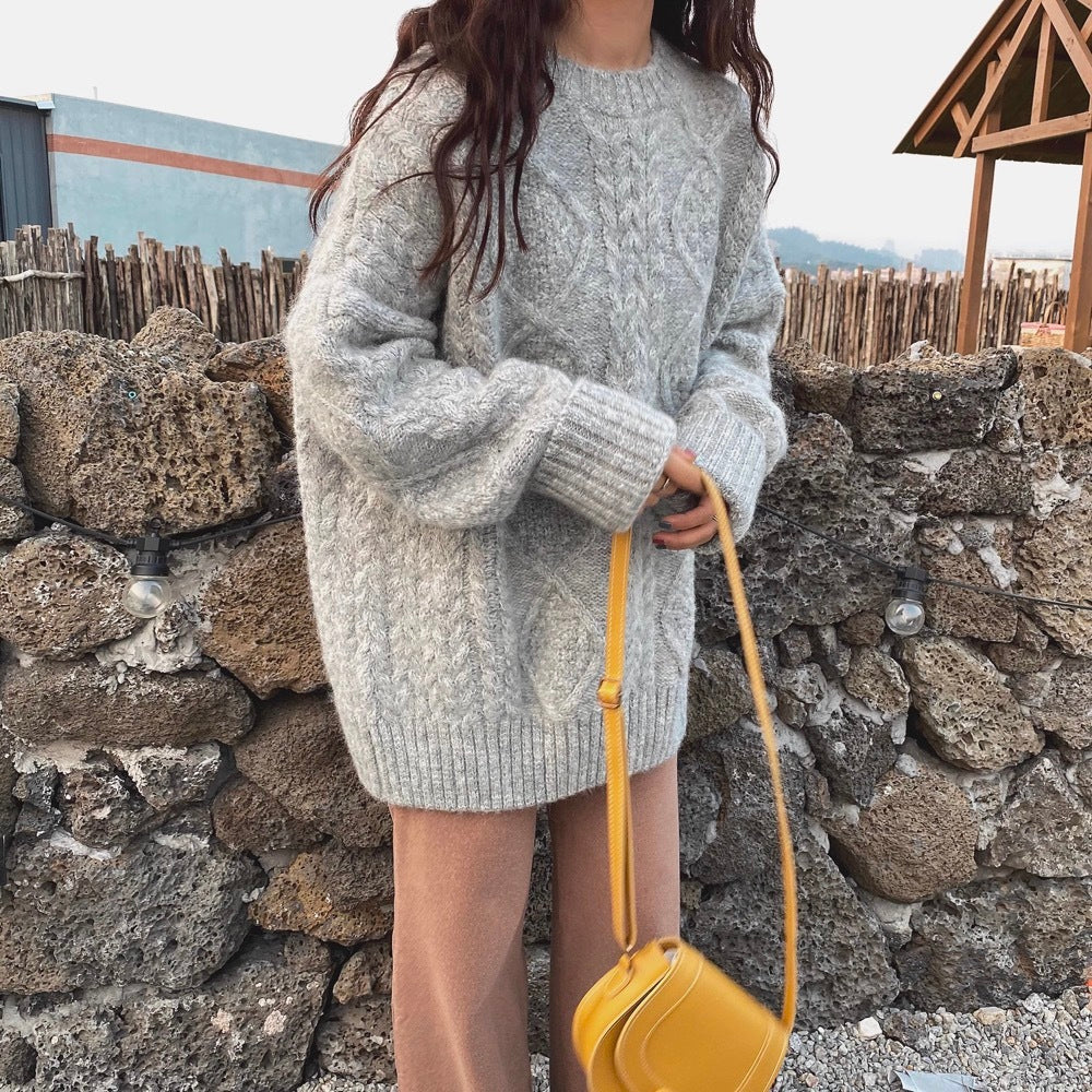Women's beige mohair cable knit sweater, cozy relaxed fit with anti-pilling twisted pattern