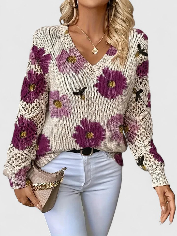 Elegant lightweight floral pattern sweater in soft feminine silhouette with delicate floral design