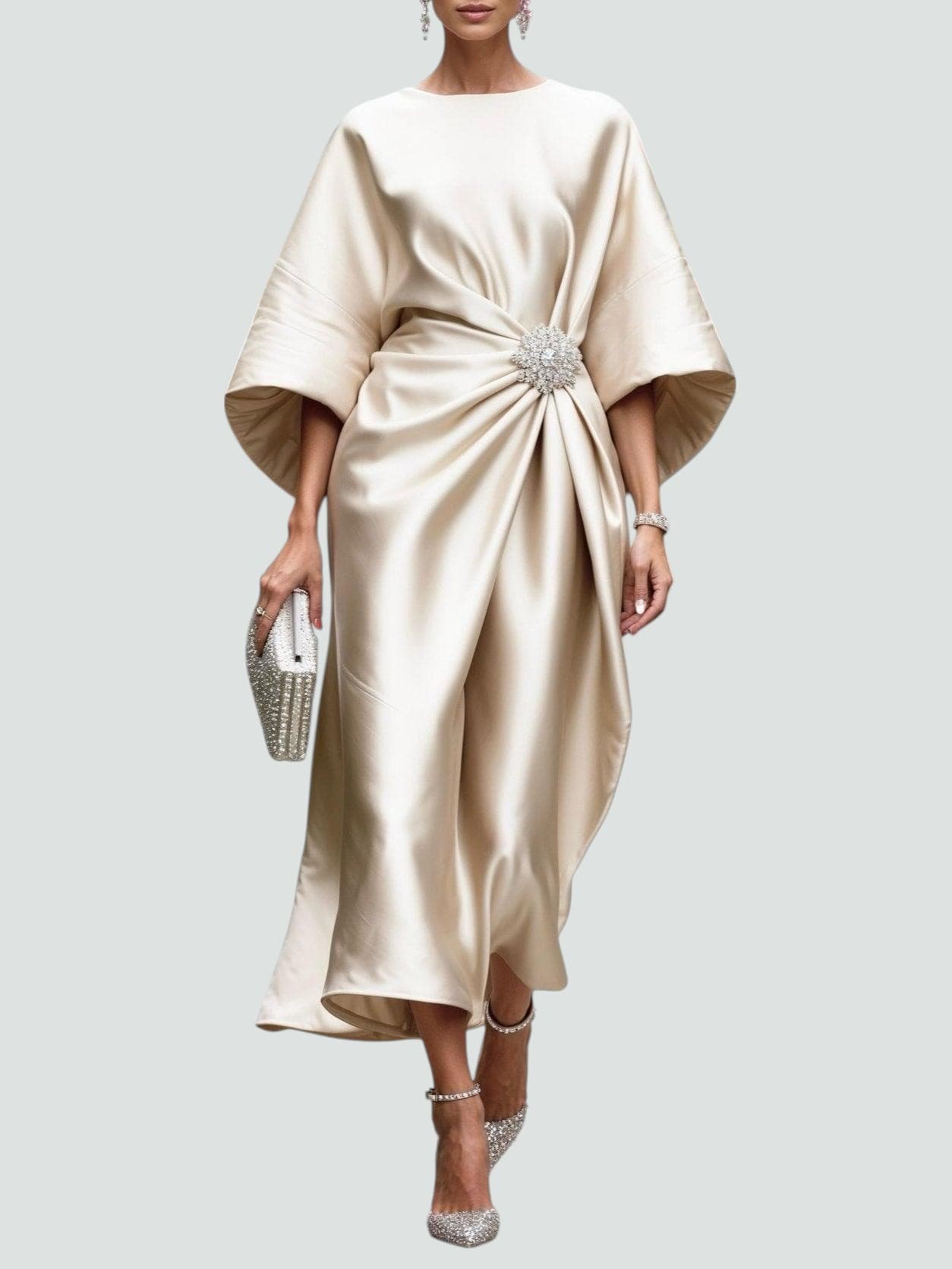 Elegant long dress deep rich hue refined sheen flattering silhouette for weddings and galas