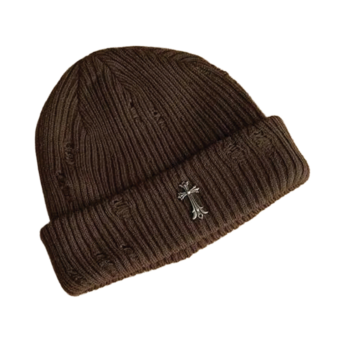 Black ribbed knit beanie with distressed finish and iron cross metal emblem, street style