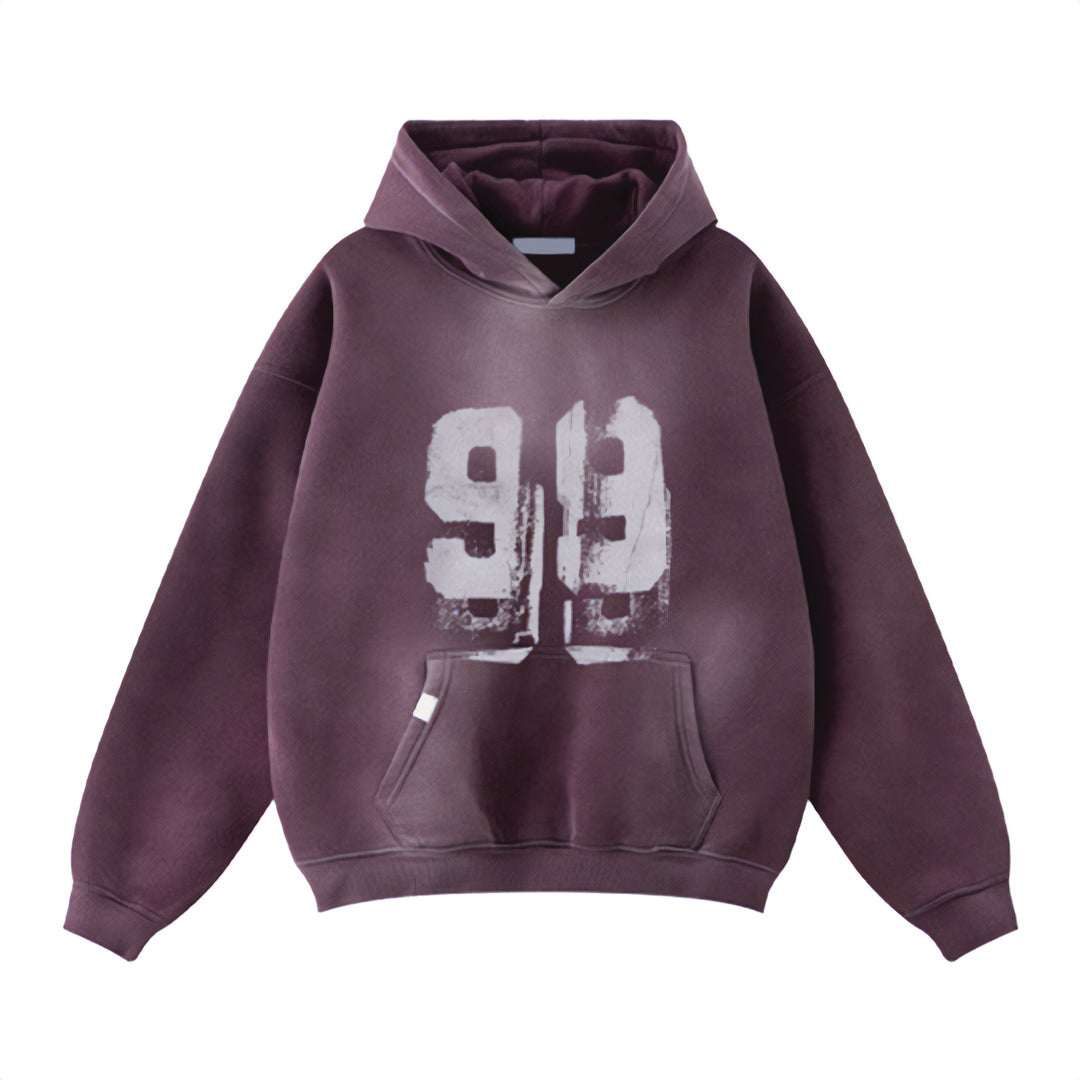 Garment-dyed heavyweight cotton hoodie loose fit with distressed 99 graphic print