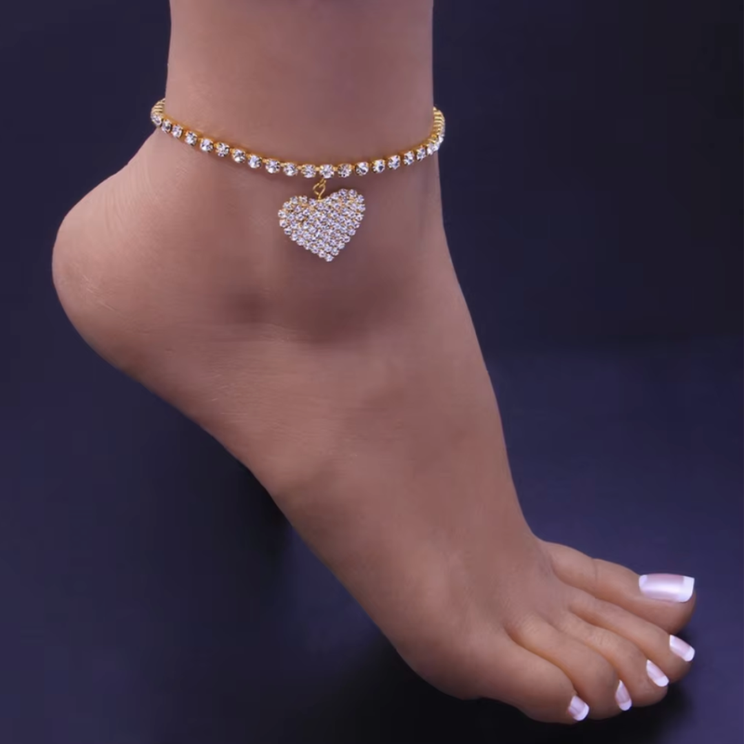 Amorette crystal heart anklet with sparkling chain, floating heart charm, adjustable lightweight fit