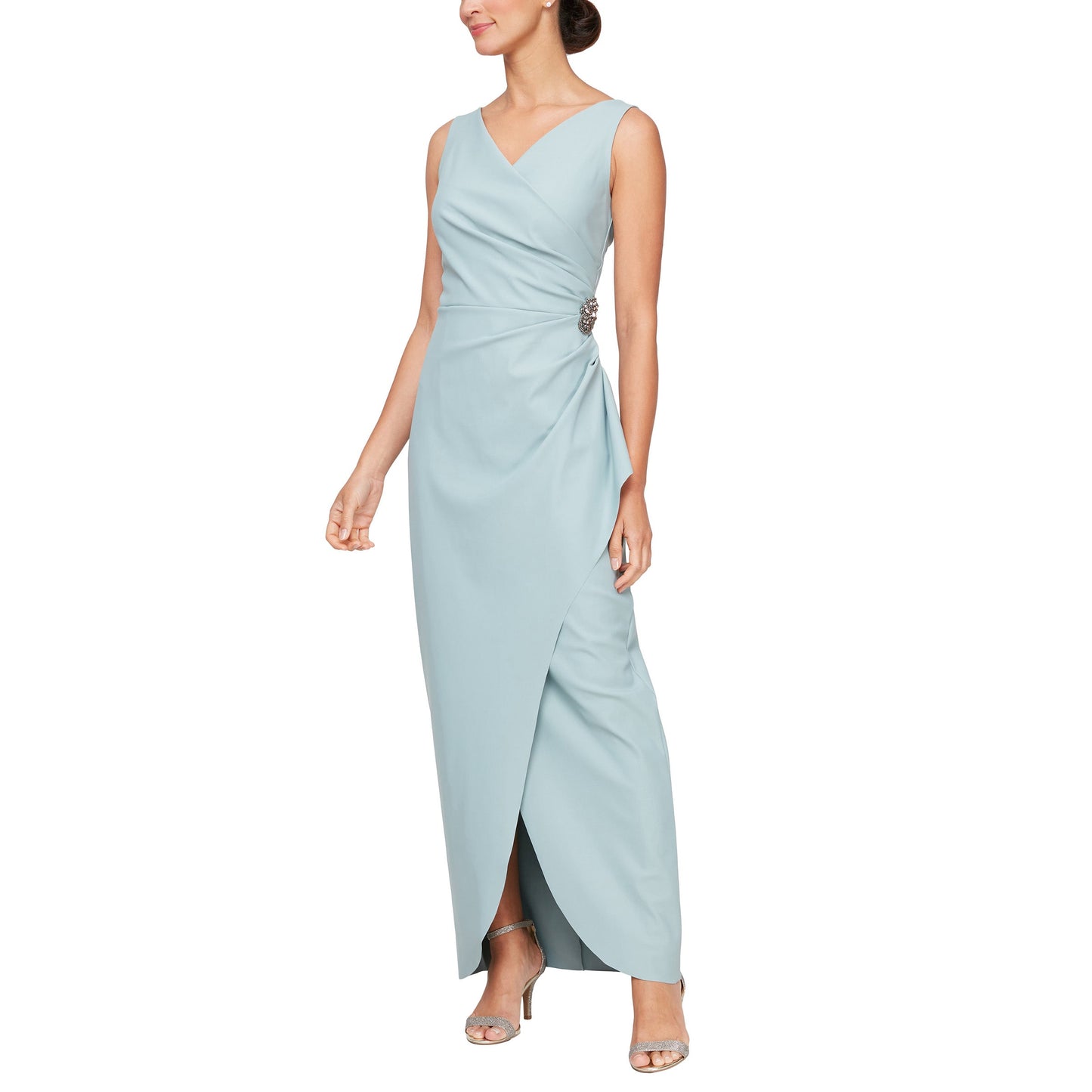 Blush sleeveless fitted formal long dress with V-neckline, beaded waist, pleated bodice, and tulip hem