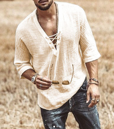 Men's relaxed fit cotton shirt three-quarter sleeves lace closure neckline breathable casual style