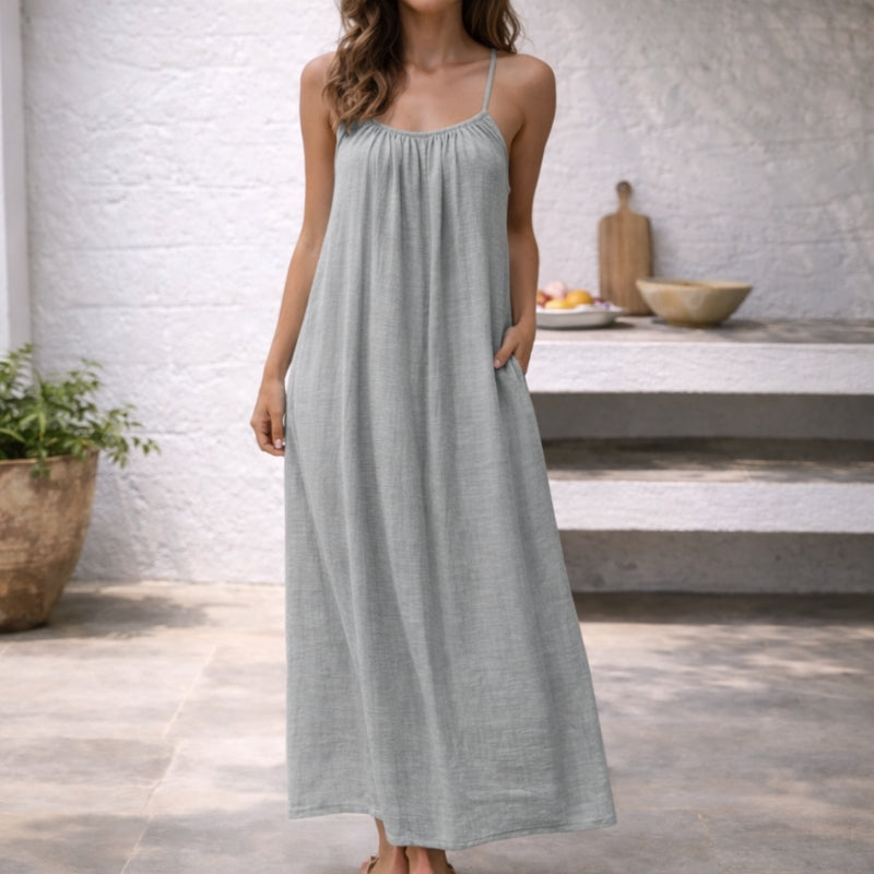 Women's linen maxi dress spaghetti strap sundress with gathered neckline and side pockets