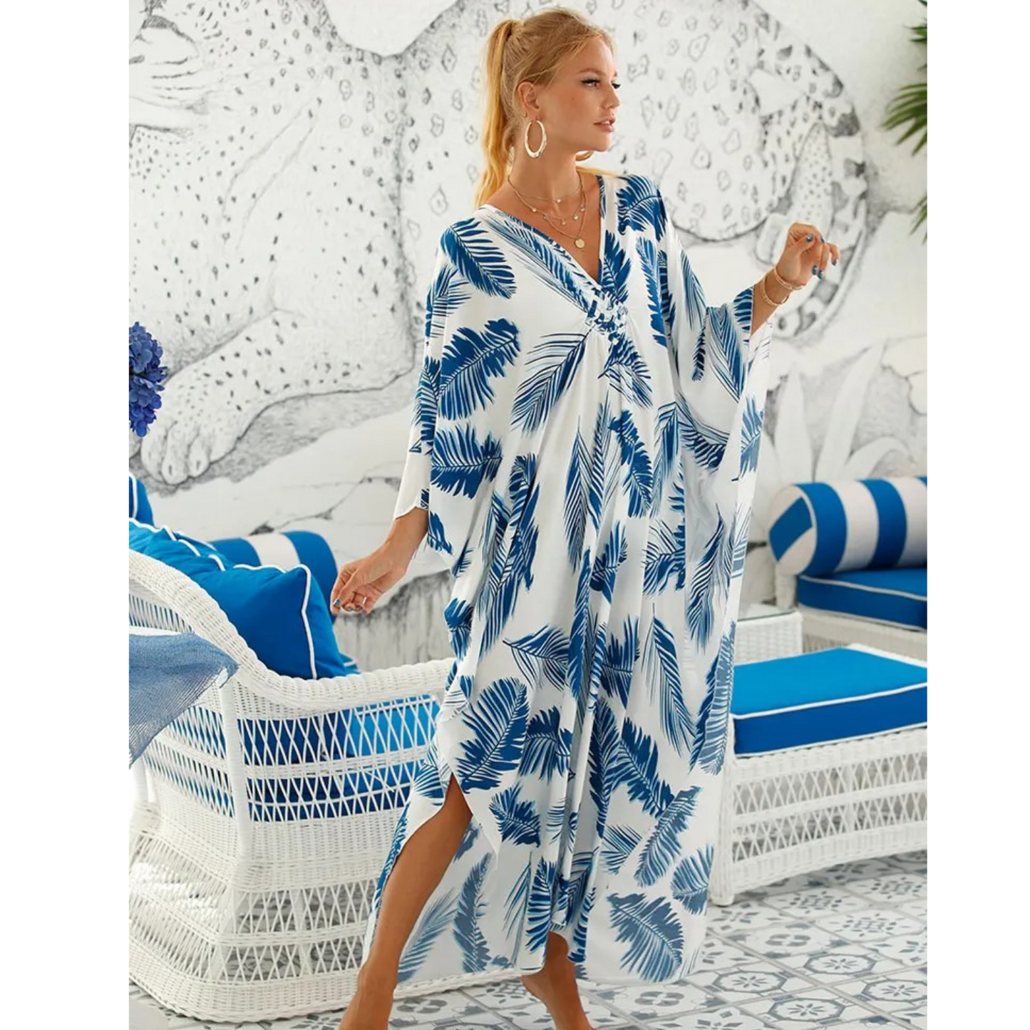 Women's loose fit V-neck kaftan beachwear cover-up, light airy bohemian style for beach days