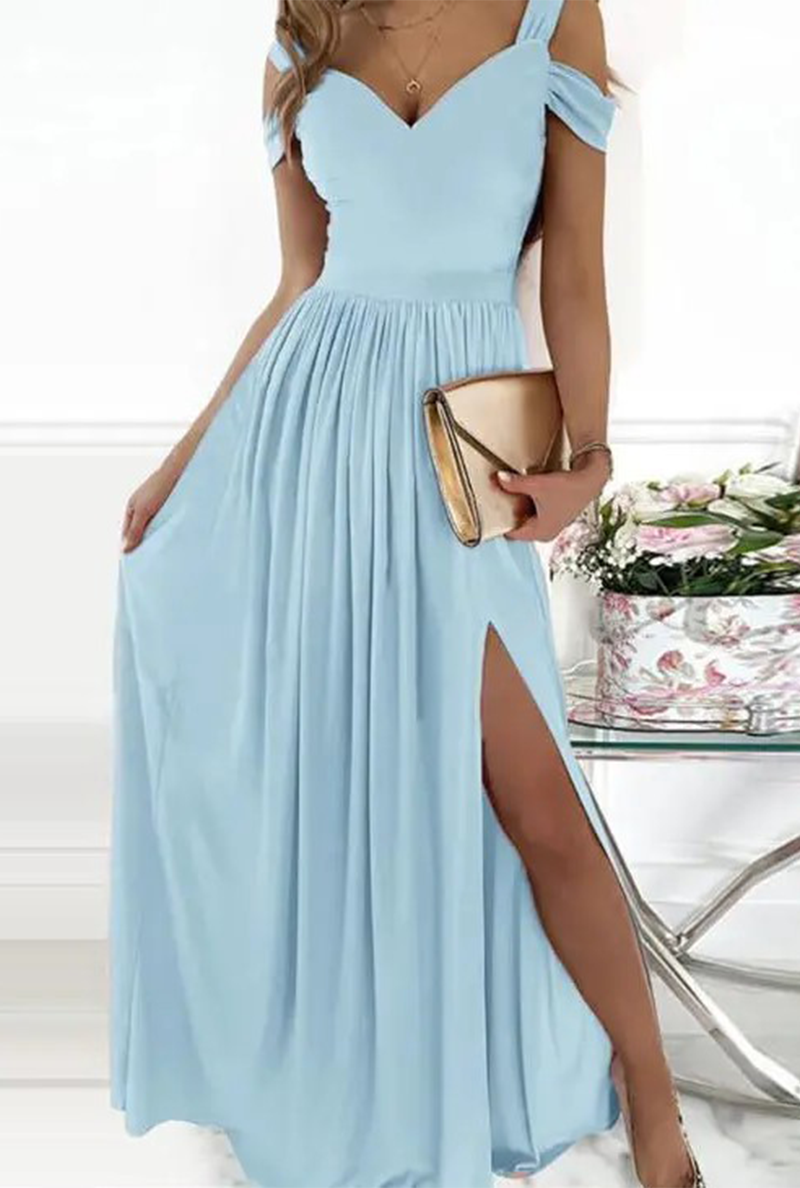 Women's black off-shoulder V-neck evening gown with elegant thigh-high slit and flowing maxi skirt
