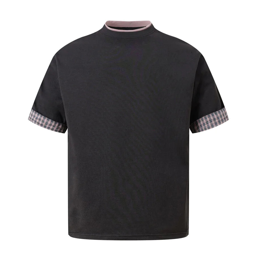 White crew-neck cotton t-shirt with contrasting plaid sleeves, relaxed fit weekend style