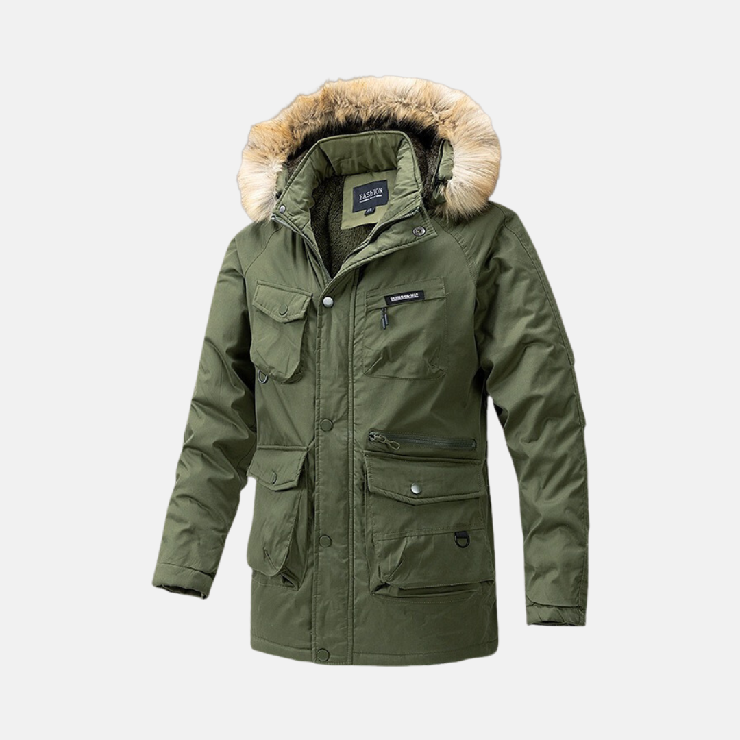 Men's tan insulated parka jacket relaxed fit with detachable faux fur hood, weather-resistant shell