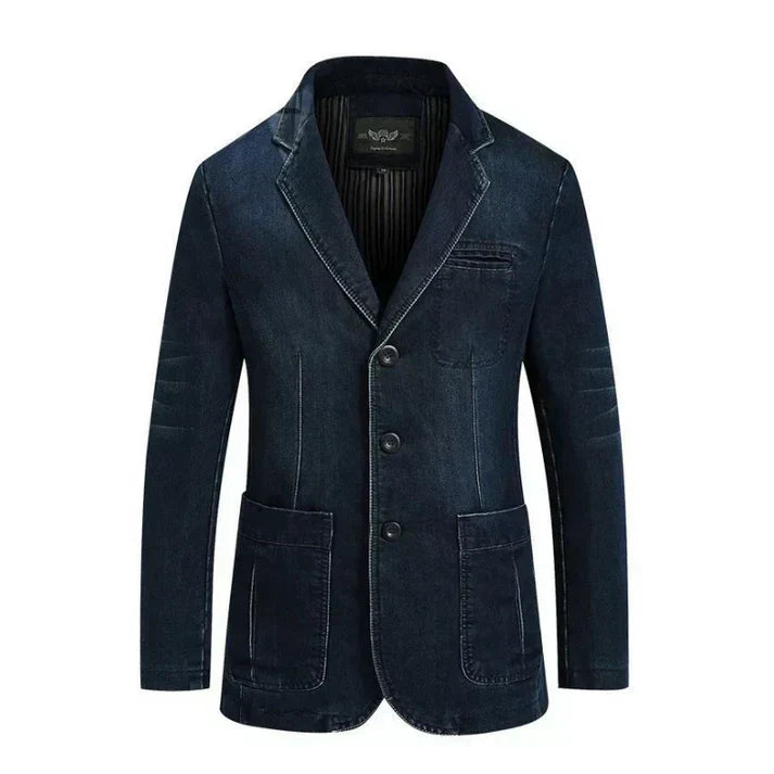 Men's blue denim blazer notch lapel 3-button smart casual modern tailored jacket