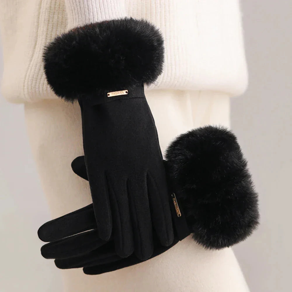 Fitted wrist-length fur cuff gloves in solid color, elegant slim silhouette for casual chic style