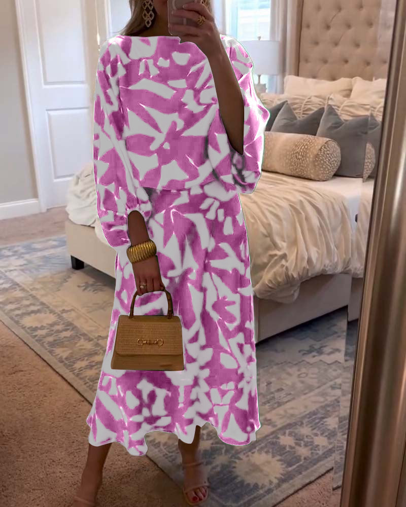 Printed two-piece lantern sleeve top and skirt set with flowy coordinated matching design for women