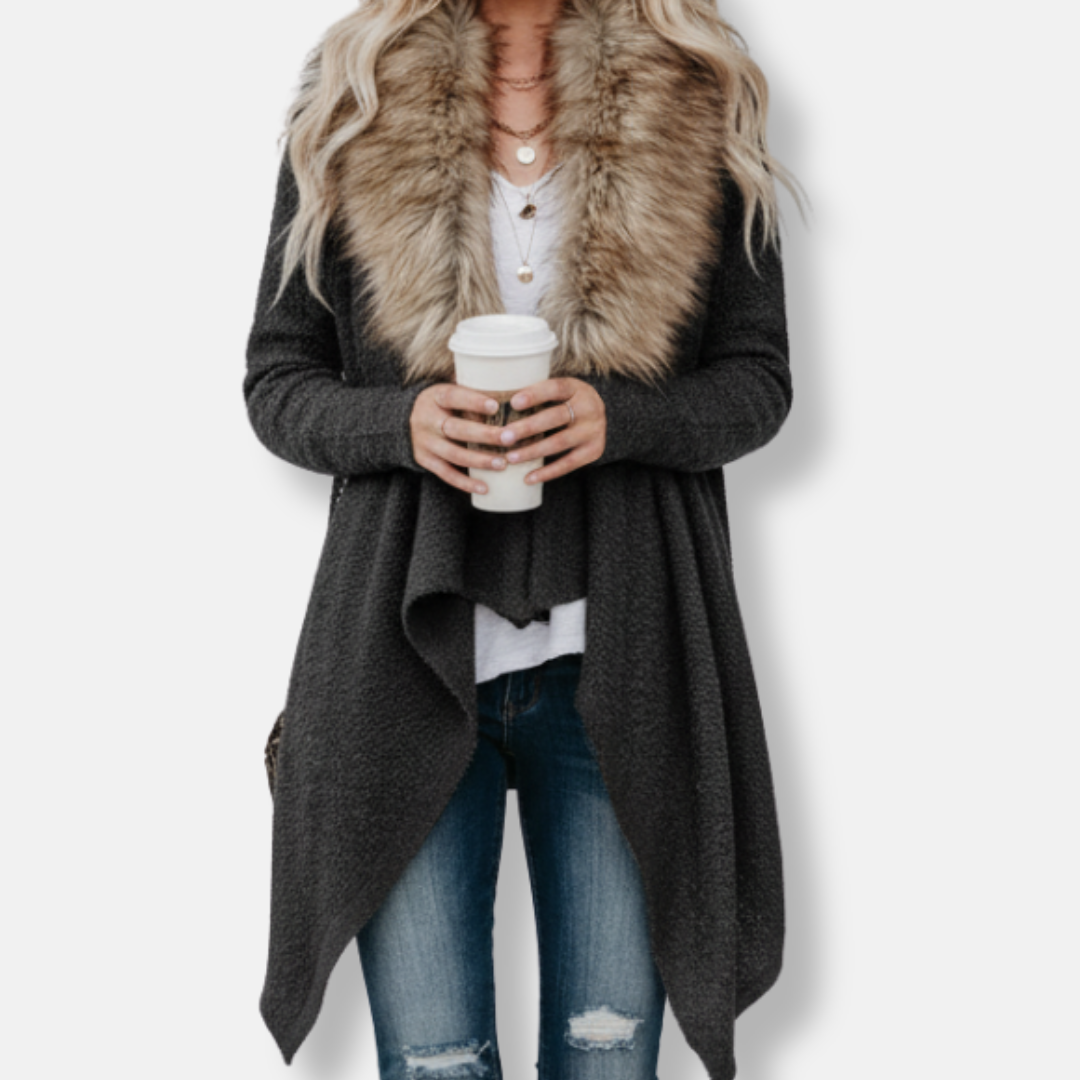 Women's relaxed-fit open-front knit cardigan jacket with plush faux fur collar, cozy layering style