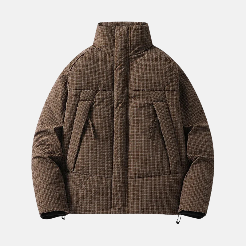 Men's black technical fabric hip-length bomber coat with stand-up collar for winter warmth