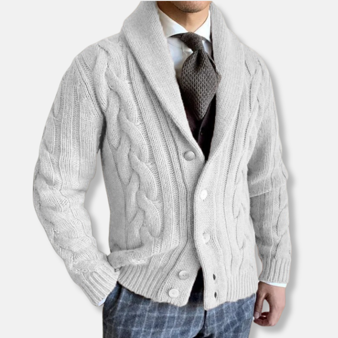 Men's cable knit cardigan shawl lapel regular fit wool-feel long sleeve sweater in classic style