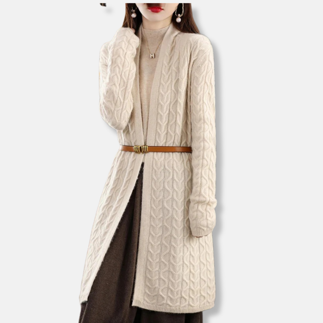 Women's long cable knit cardigan cozy belted wrap style in neutral tones