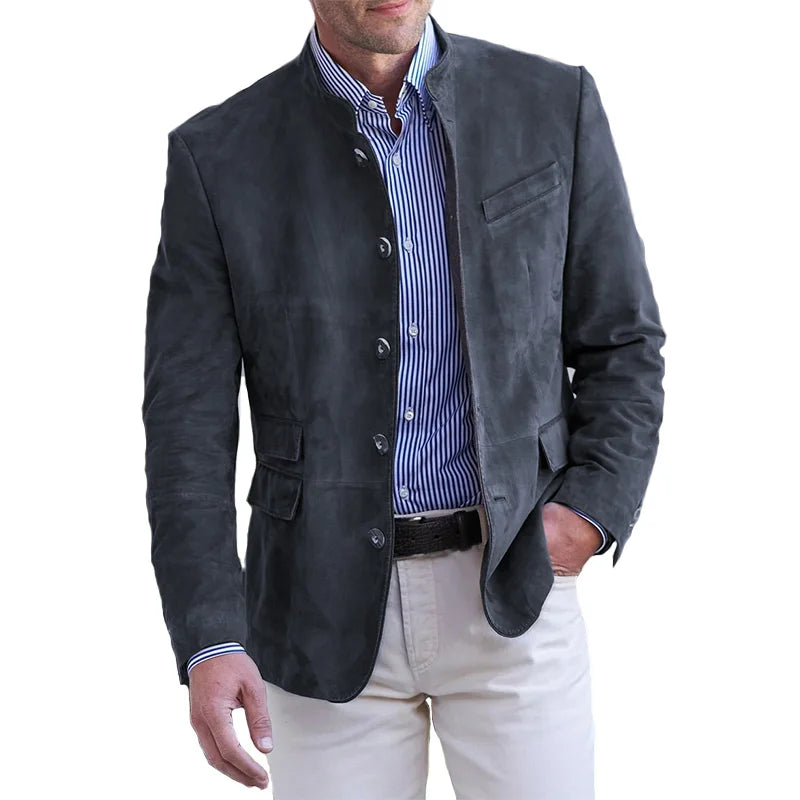 Mens Suede Blazer Tailored Fit With Mandarin Collar And Single Row Buttons For Modern Nordic Inspired Look