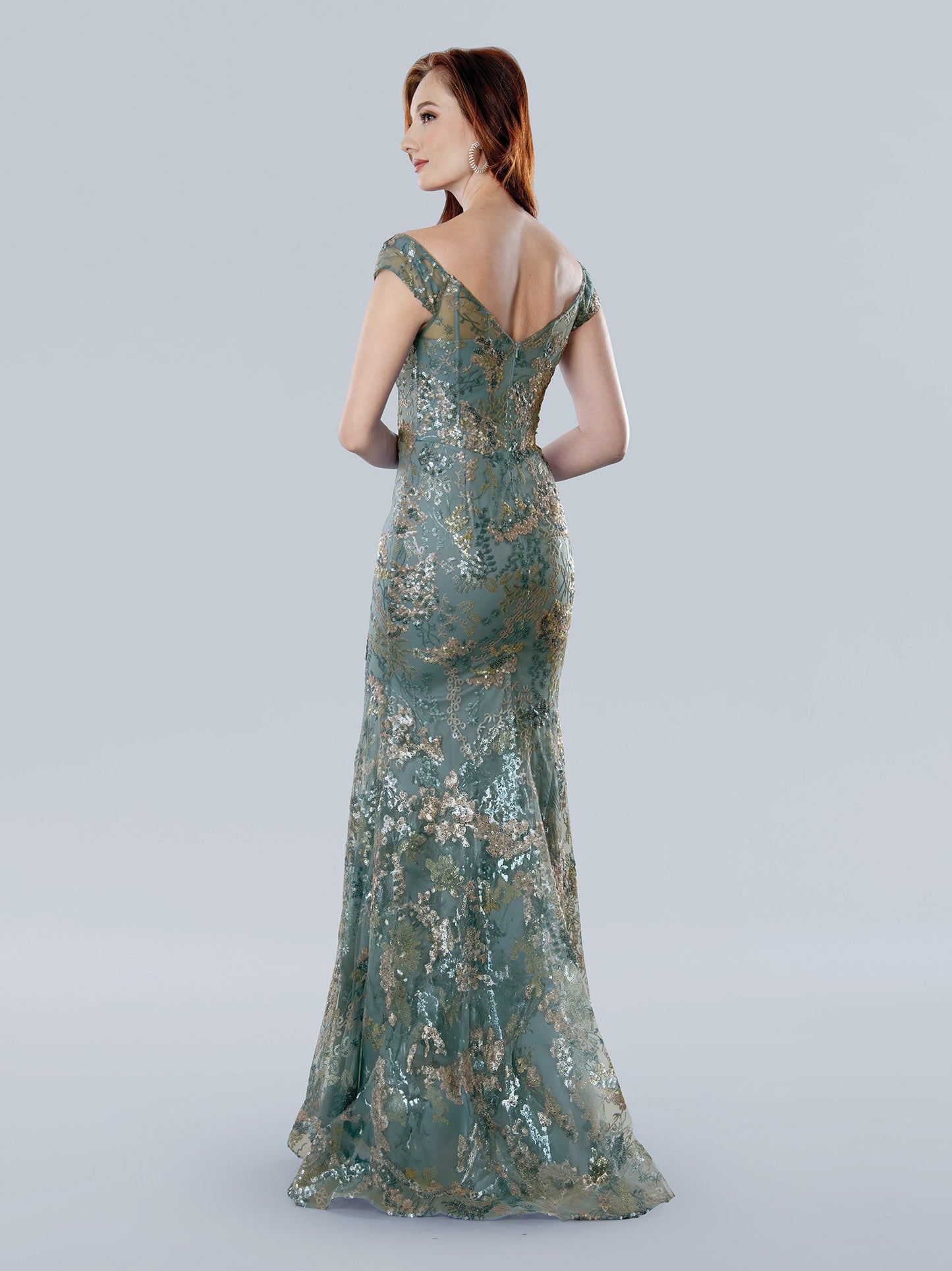 Floral sequin tulle fit-and-flare mother of bride gown with cap sleeves and V-neckline brush train