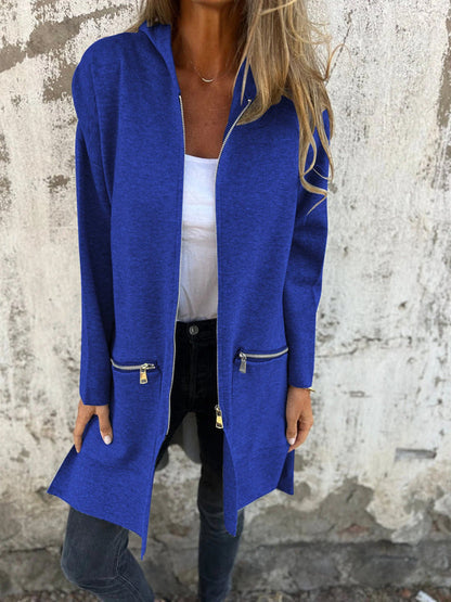 Arlene long sleeve cardigan with round neckline and front zipper in classic versatile style