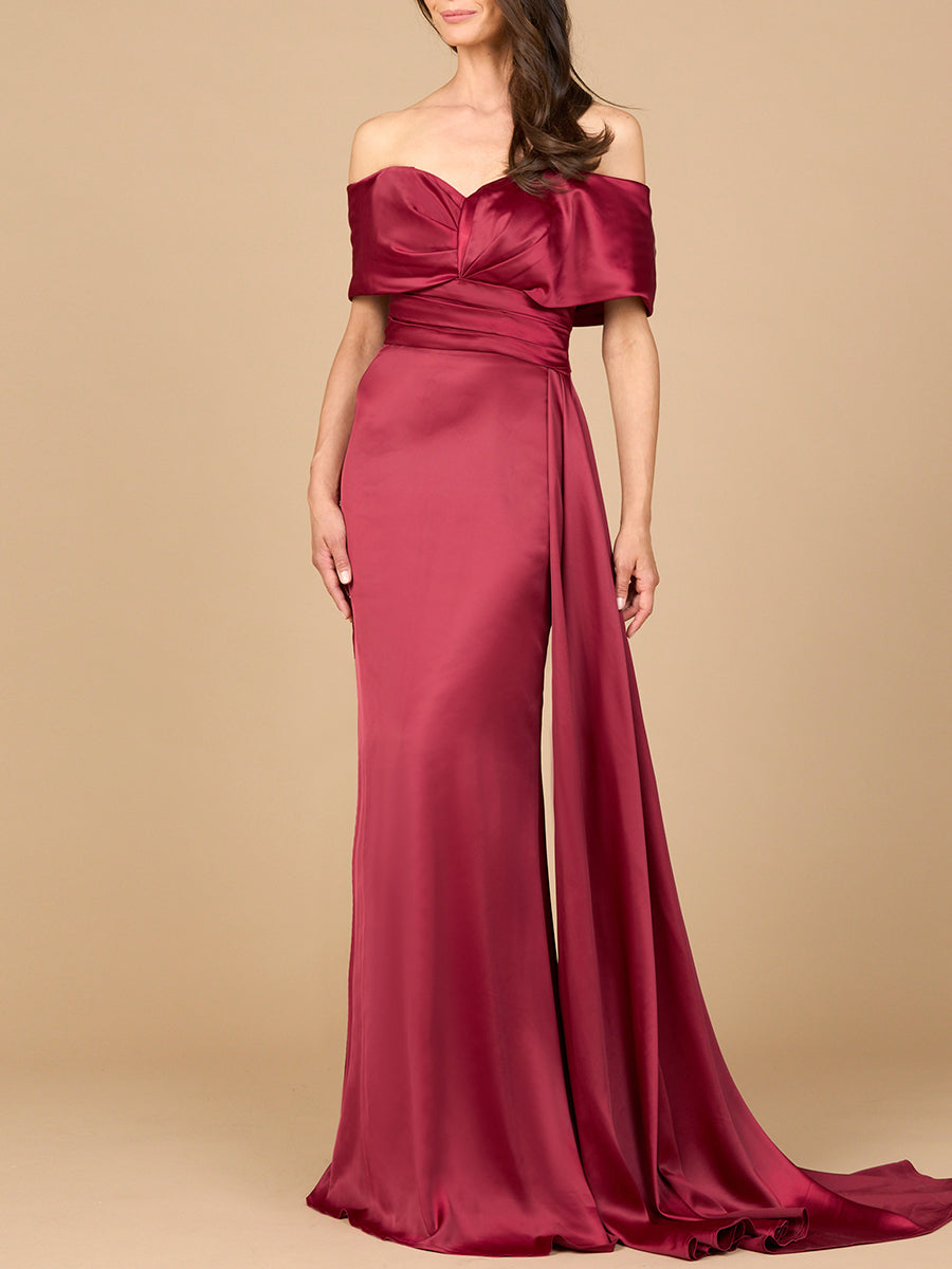 Long satin mermaid evening gown in ivory off-shoulder sweetheart neckline with front slit