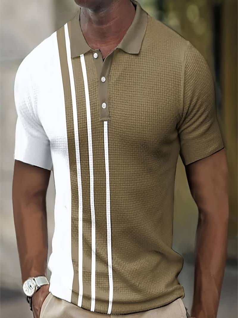 Men's black and white striped polo shirt classic collar short sleeves breathable lightweight cotton blend