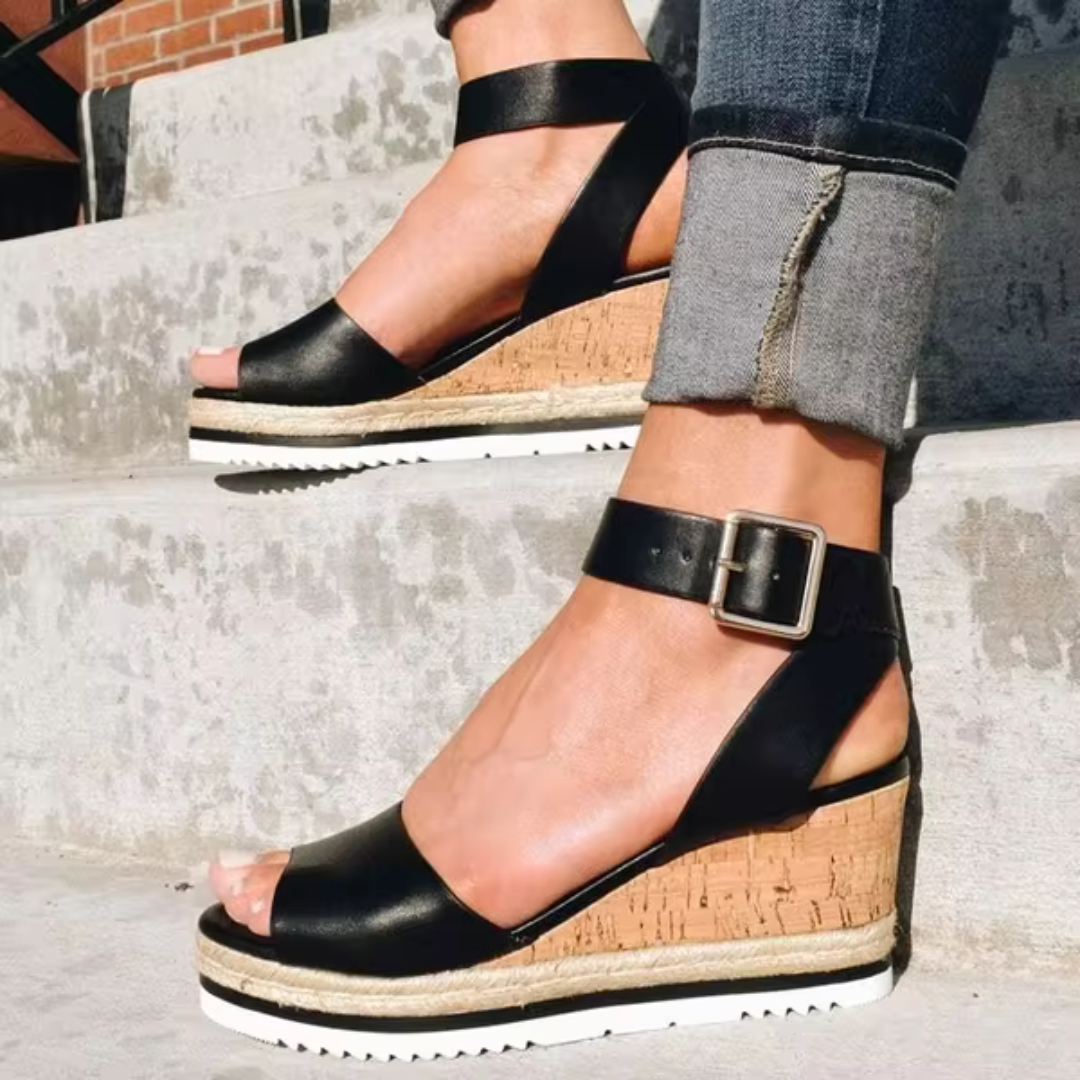 Women's beige wedge sandals with ankle strap and platform sole for effortless chic style