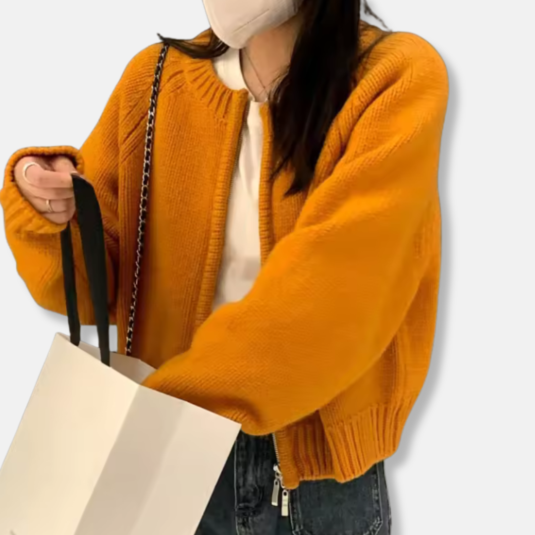 Women's wool knit cropped cardigan open-front relaxed fit layering essential in neutral tones