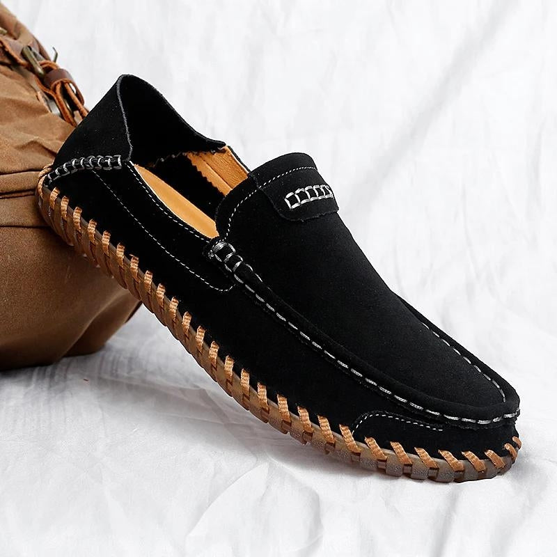 Men's suede slip-on loafers in summer tones with hand-stitched detailing for flexible comfort