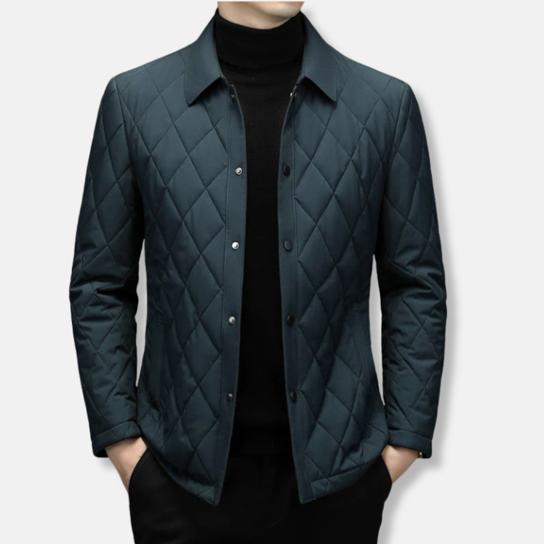 Men's navy quilted jacket regular fit hip-length silhouette with diamond pattern snap button closure
