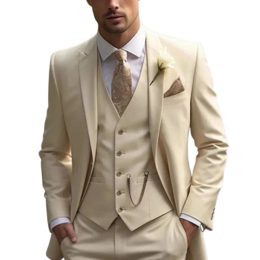 Men's slim fit three-piece formal suit in classic black with matching vest for weddings and black tie