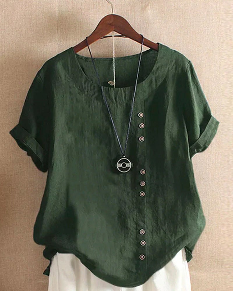 Women's relaxed linen top crew neck button-front placket cuffed short sleeves curved hem casual fit