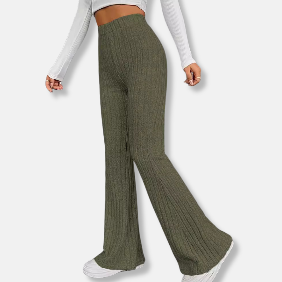 Women's ribbed knit stretch flared leg trousers high waist slim fit full length