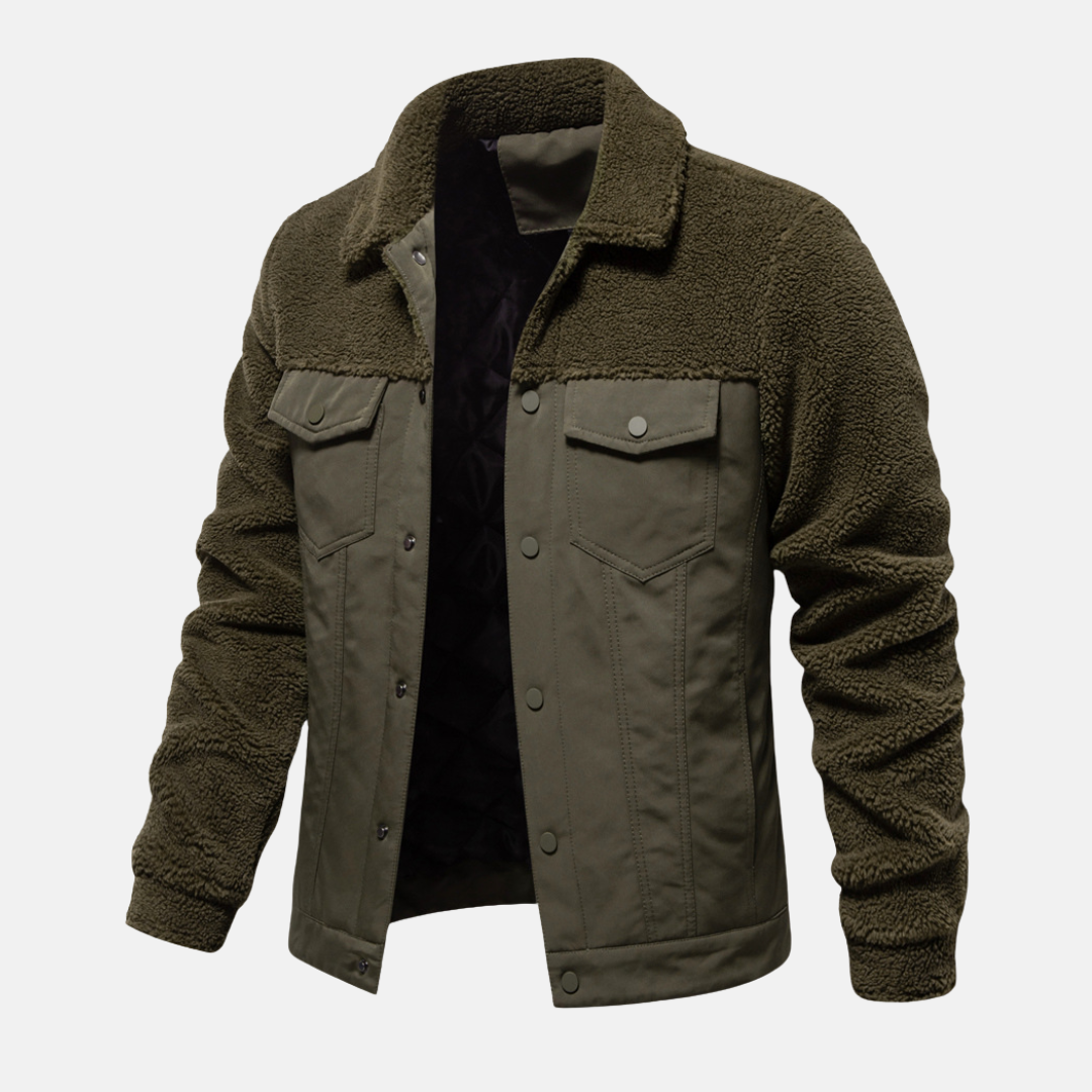 Men's tan mixed material trucker jacket, hip length, point collar, snap button closure