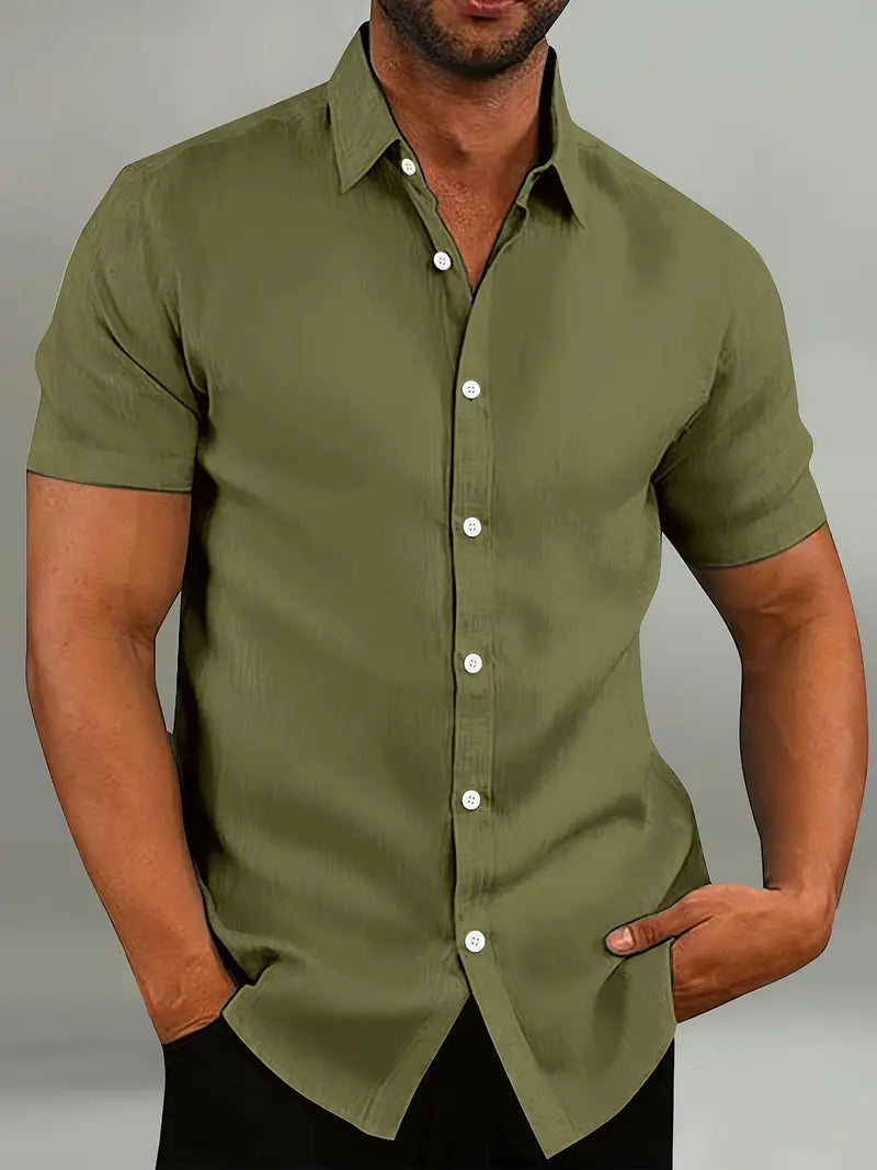 Light blue men's slim fit short sleeve shirt with button closure and classic collar