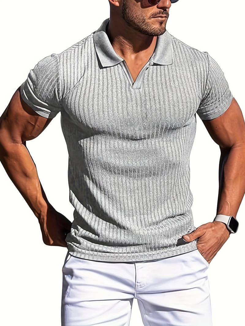 Men's slim fit ribbed knit polo shirt short sleeve casual stylish cotton-blend textured finish
