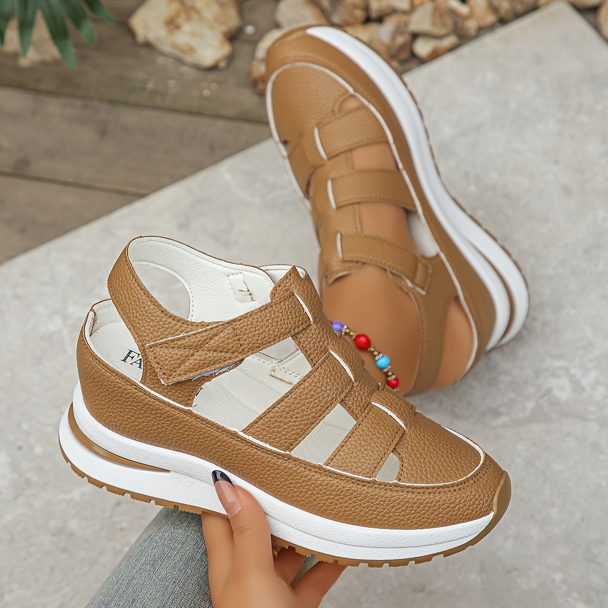 Women's beige platform adjustable sandals with cushioned sole and sporty straps