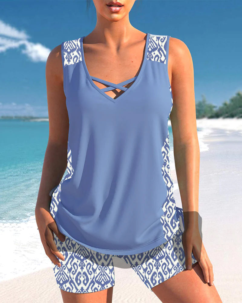 White tankini two-piece swimsuit with tummy-smoothing coverage and modern flattering cut