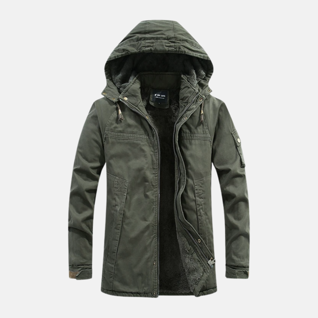 Men's mid-length slim fit jacket in cotton blend with heavy lined hood and utility pockets