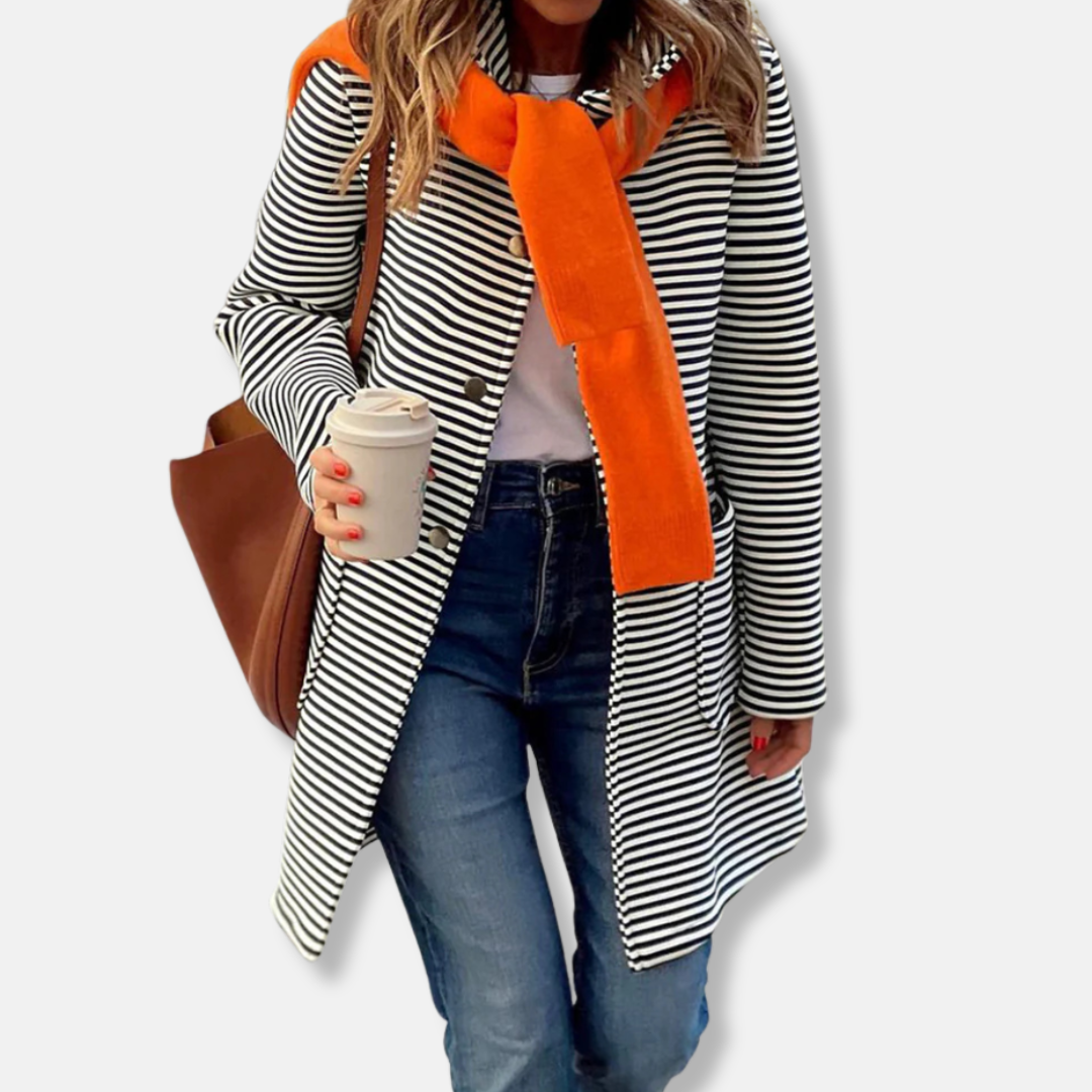 Women's striped cotton blend trench coat relaxed fit mid-thigh double-breasted office style