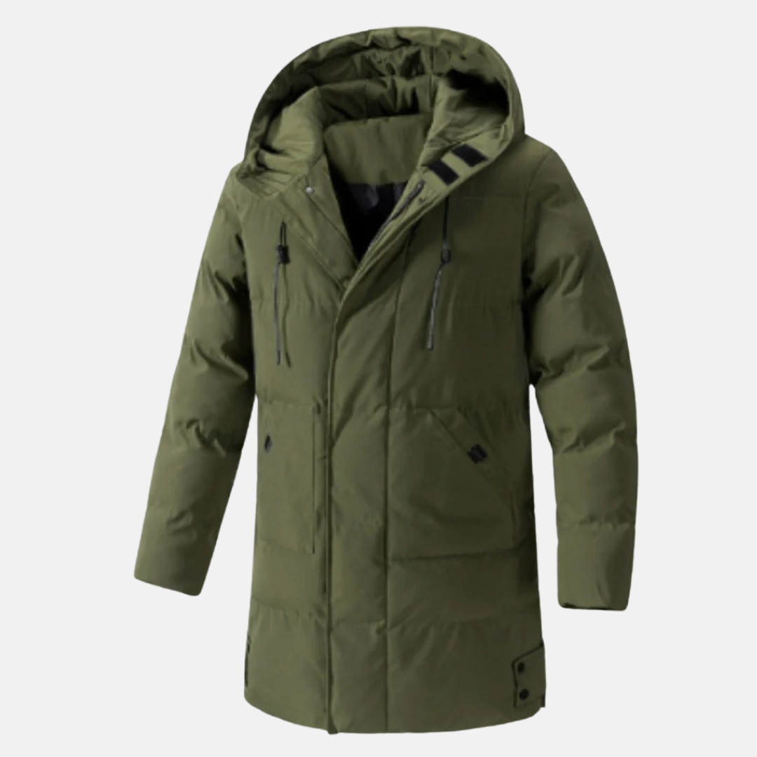 Men's mid-length hooded insulated jacket water-resistant multi-pocket urban outdoor winter coat