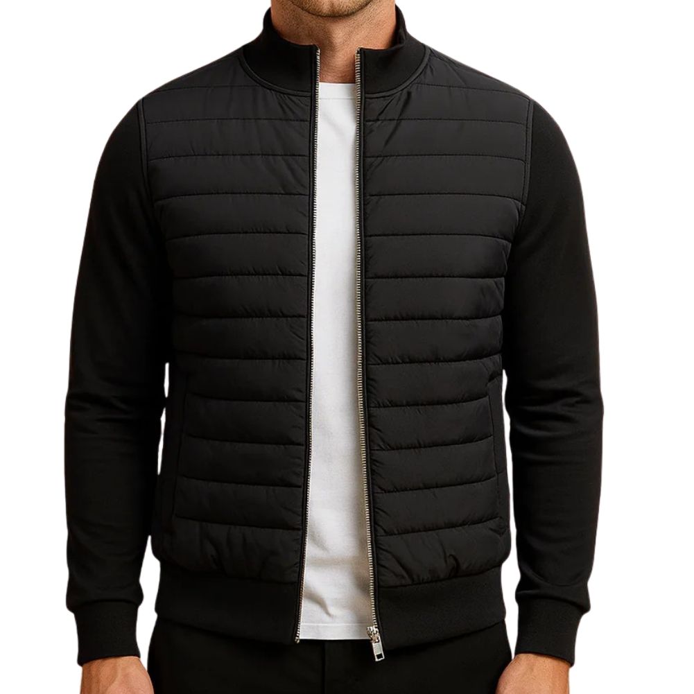 Men's navy blue lightweight quilted puffer jacket with high stand collar for modern winter style