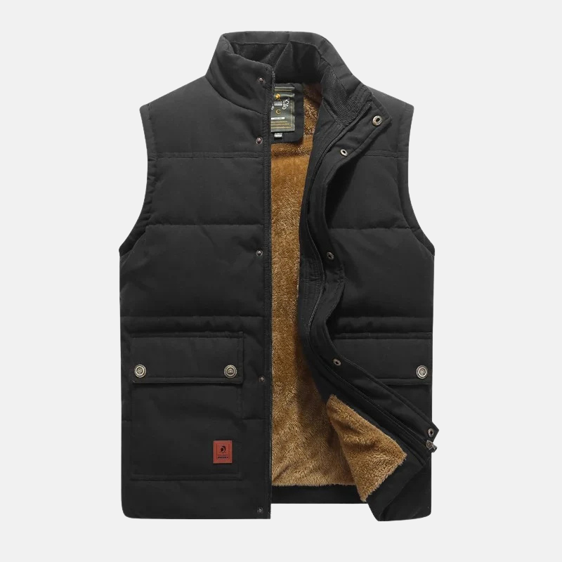 Men's deep navy quilted woven vest with stand-up collar and snap button pockets for layering