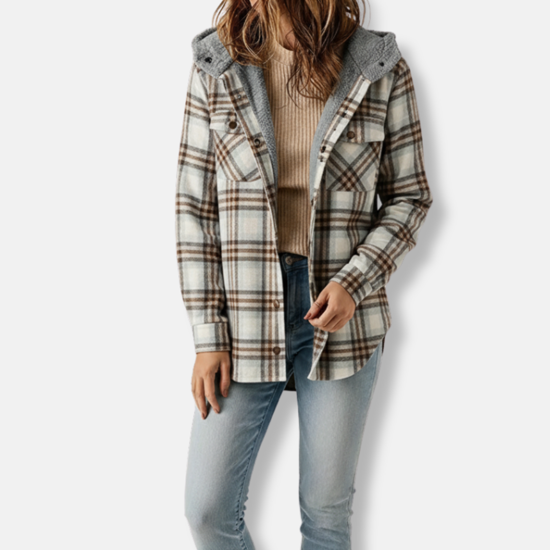 Women's plaid hooded shacket, cotton blend, oversized relaxed fit with sherpa-lined collar