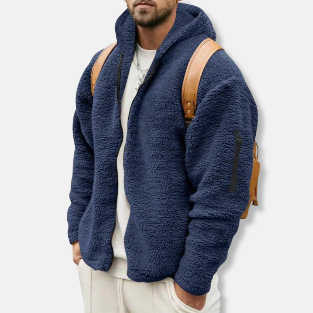 Men's zip-up sherpa fleece hoodie relaxed fit casual wear with ribbed cuffs