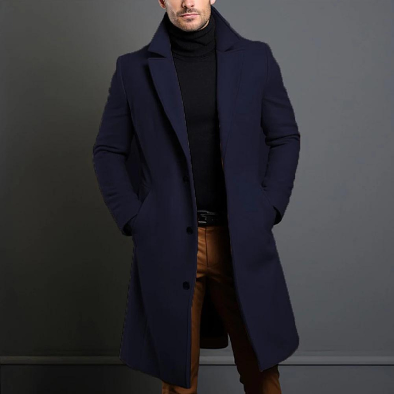 Men's camel wool knee-length overcoat tailored fit with classic lapel for timeless elegance