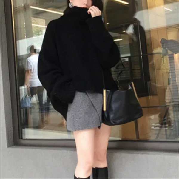 Women's loose fit turtleneck knit sweater, soft warm everyday cozy style