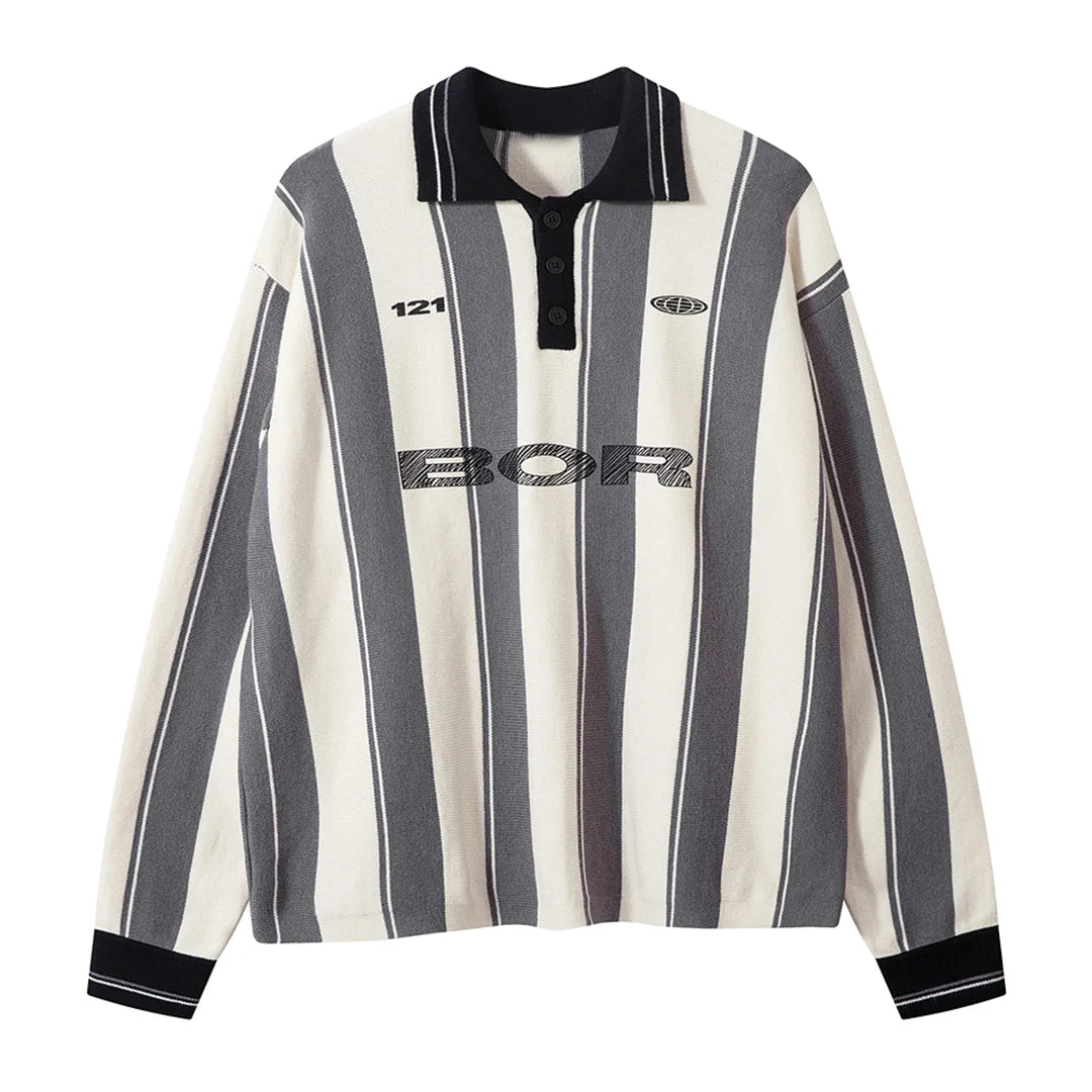 Striped knit rugby sweater loose fit with jacquard logo detail and turn-down collar