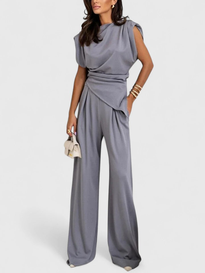 Cream draped two-piece set wide-leg pants asymmetric top women's occasion outfit